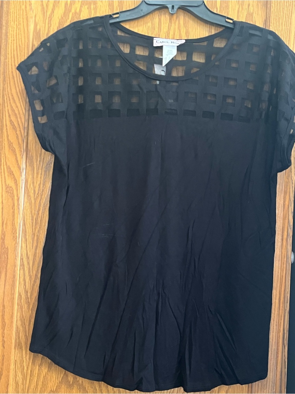 Carol Rose Black Sheer Grid Yoke Short Sleeve Top